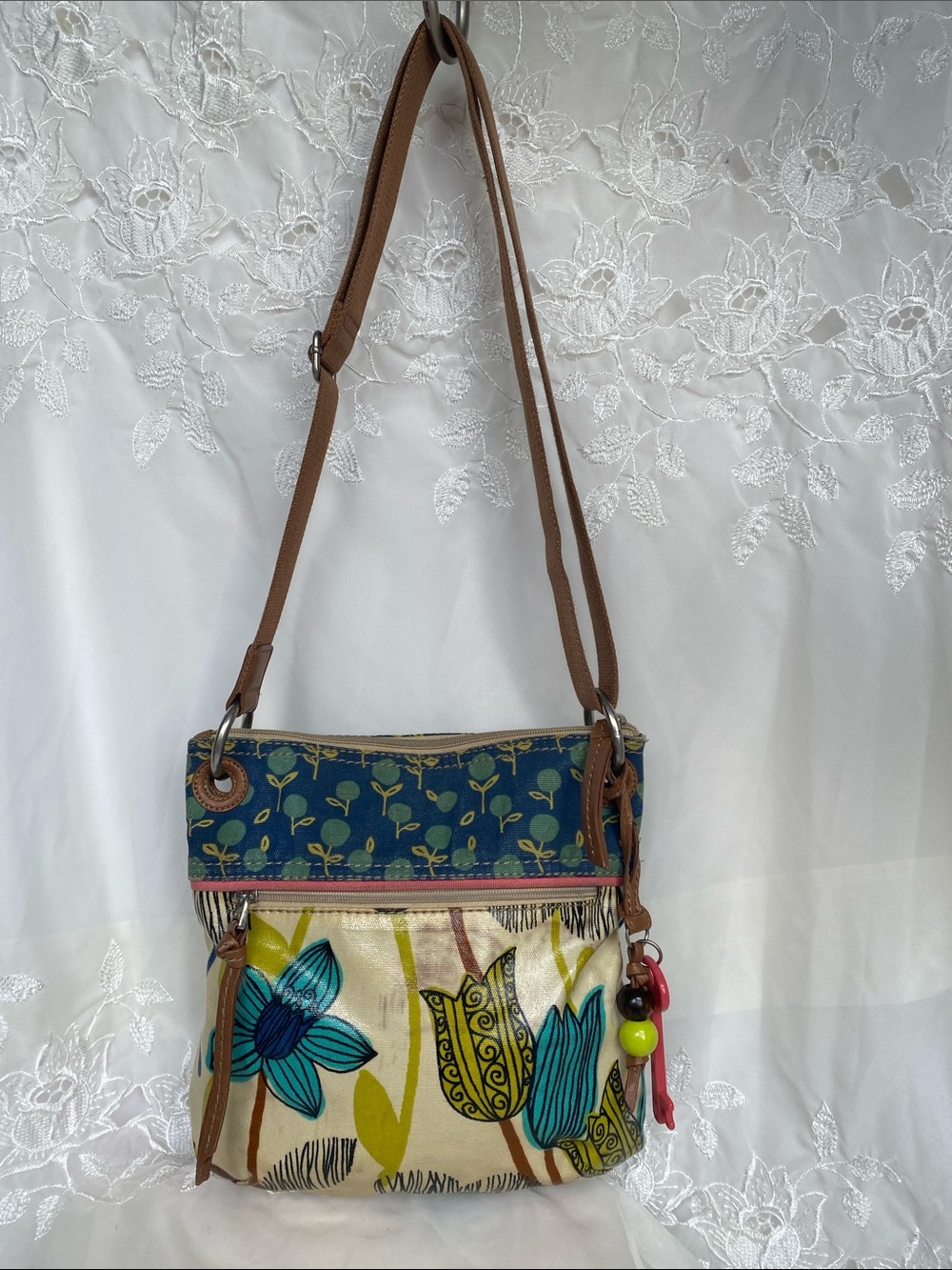 Fossil Floral Print Crossbody Bag in Blue, Teal & Brown Tulip